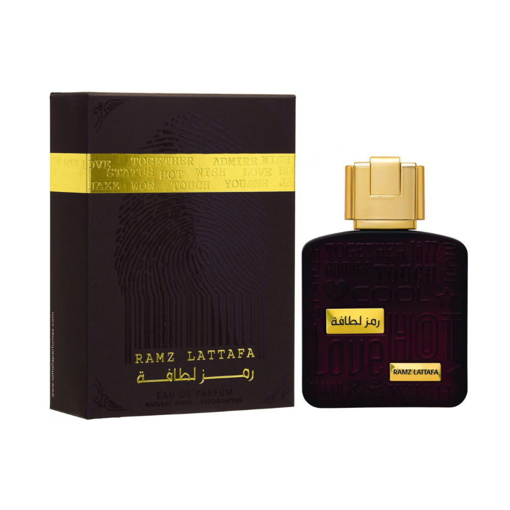 Lattafa Ramz Gold 100ml Eau de Parfum with gold retail box.
