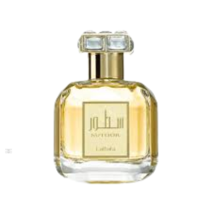 Lattafa Sutoor 100ml perfume bottle with black and gold design.