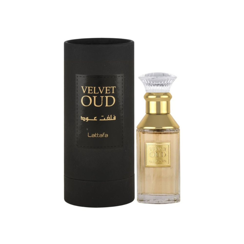 Lattafa Velvet Oud 100ml Eau de Parfum bottle with retail packaging.