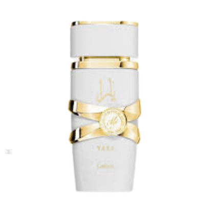 Lattafa Yara Moi White 100ml perfume bottle in white and gold design.