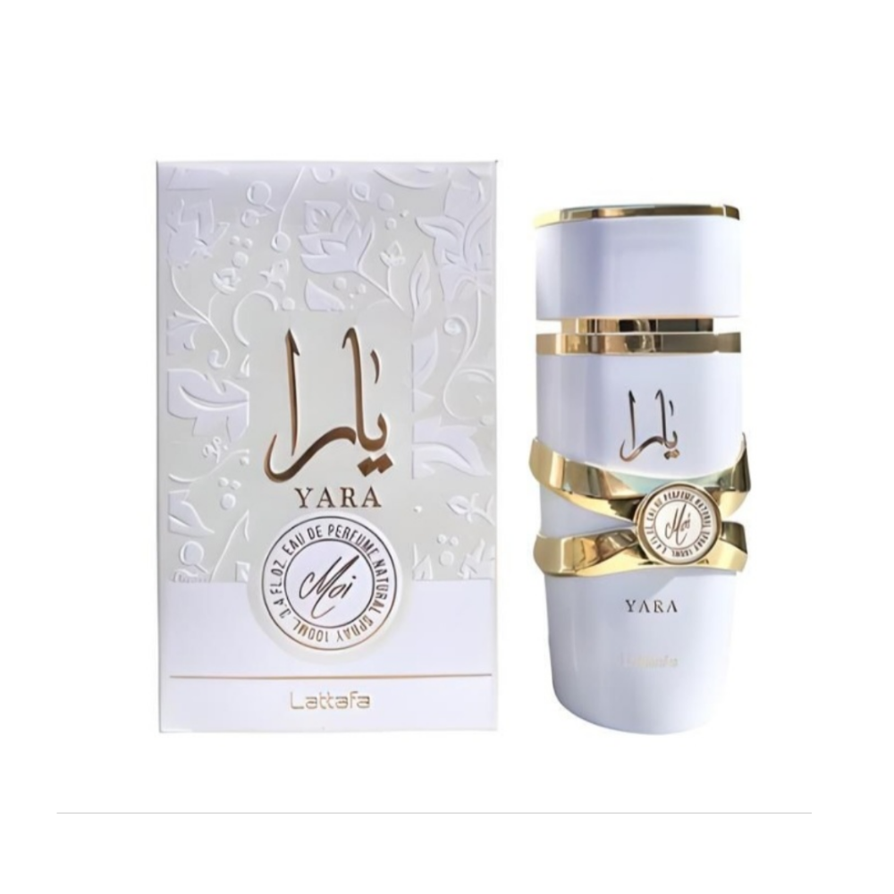 Lattafa Yara Moi White 100ml Eau de Parfum with white and gold packaging.