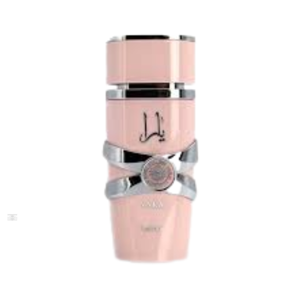 Lattafa Yara Pink 100ml perfume bottle in pink and gold design.