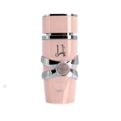 Lattafa Yara Pink 100ml perfume bottle in pink and gold design.