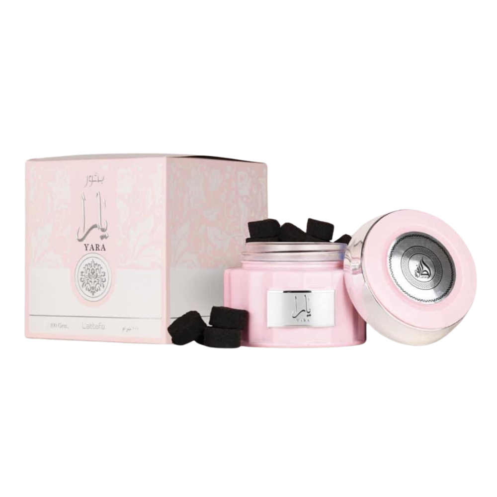 Lattafa Yara Pink Bakhoor 100g jar with packaging.