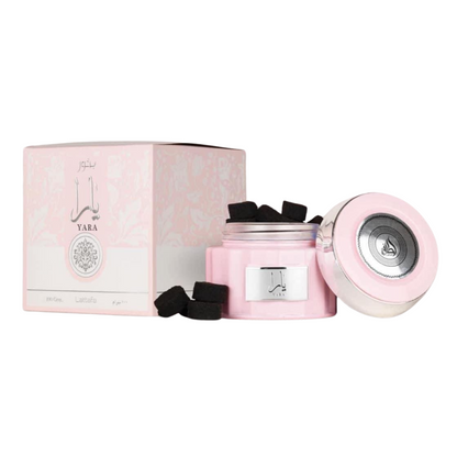 Lattafa Yara Pink Bakhoor 100g jar with packaging.