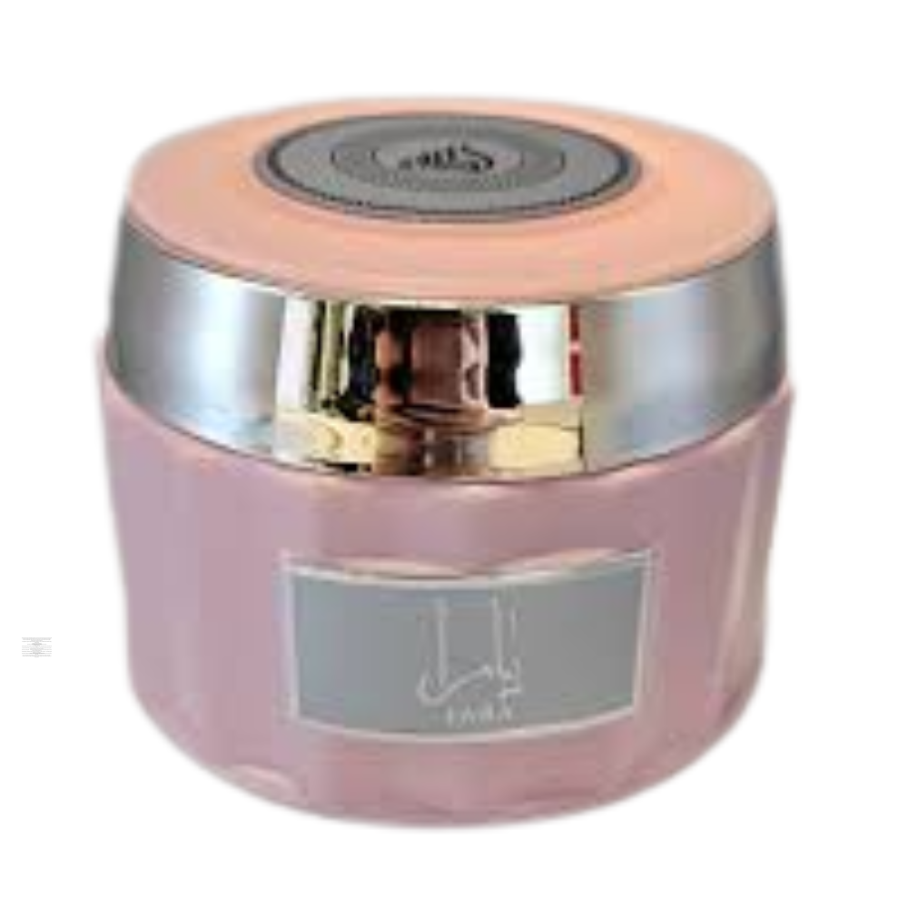 Lattafa Yara Pink Bakhoor incense in pink decorative container.